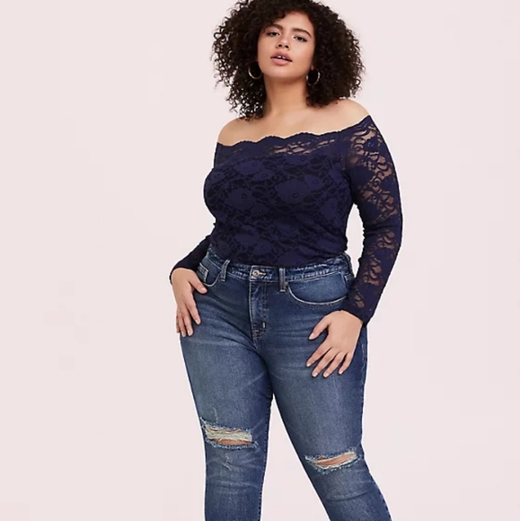 torrid Tops - 1X Torrid Navy Blue Lace Off Shoulder Top